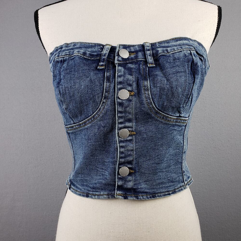 Button Up Denim Tube Top Coastal Cowgirl Western Rodeo Country Strapless Size L